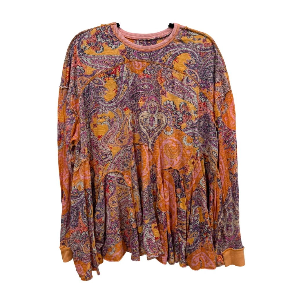 Free People Paisley Print Long Sleeve Peplum Top Orange Pink Multi Color Relaxed